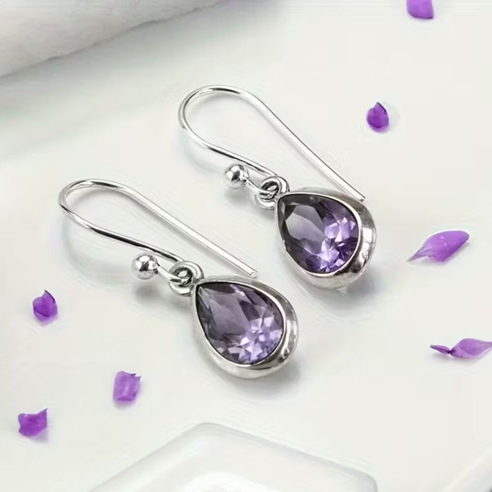 Purple Teardrop Zirconia Crystal Drop Earrings Silver Dangle Gemstone Pendant